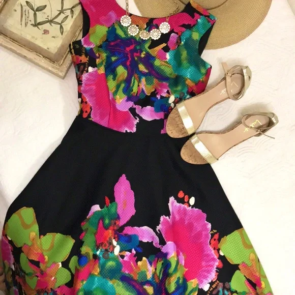 Tahari Vibrant Watercolor Fit and Flare Dress - Picture 3 of 16